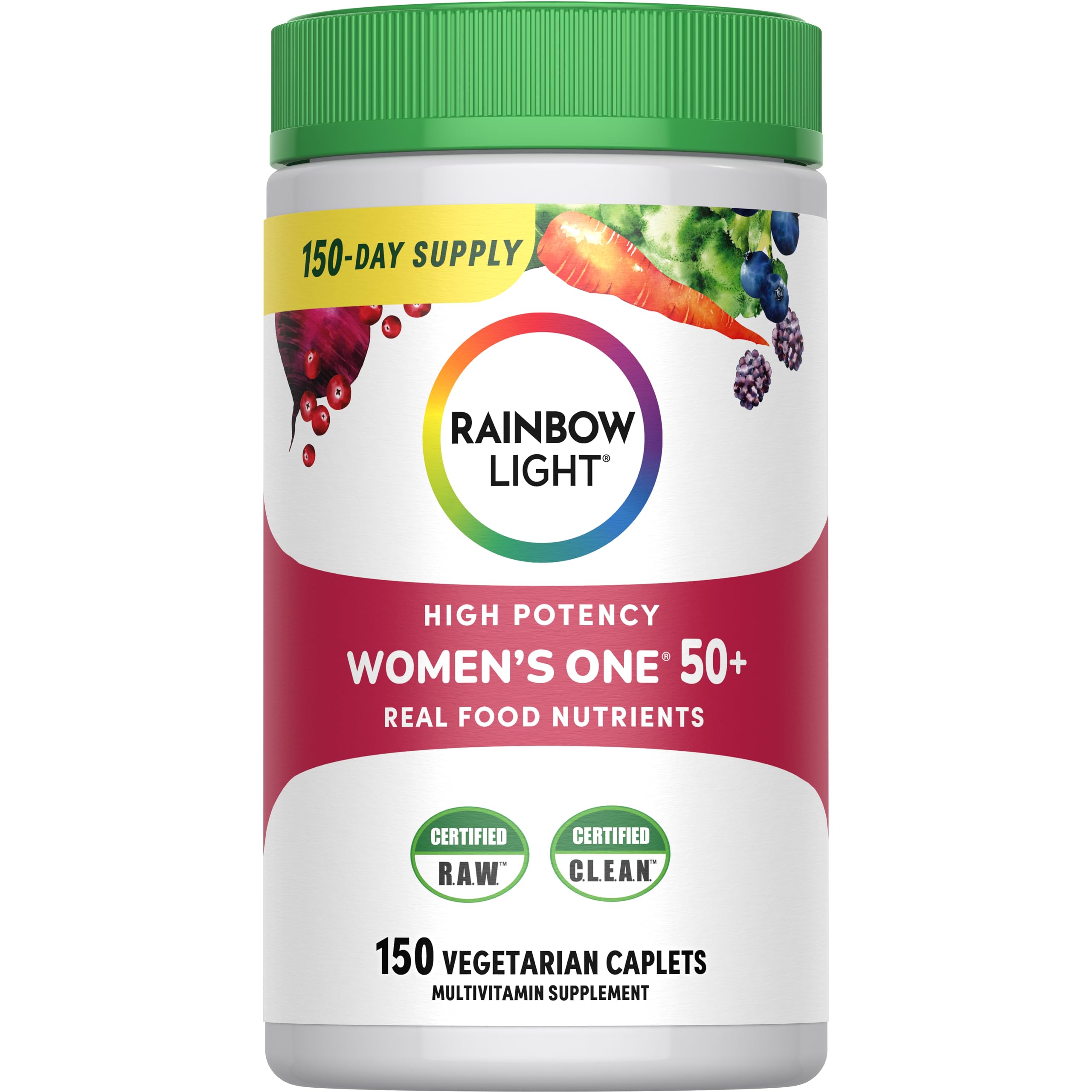 Rainbow Light Women's One 50+ bottle front showing high potency multivitamin for immune support.