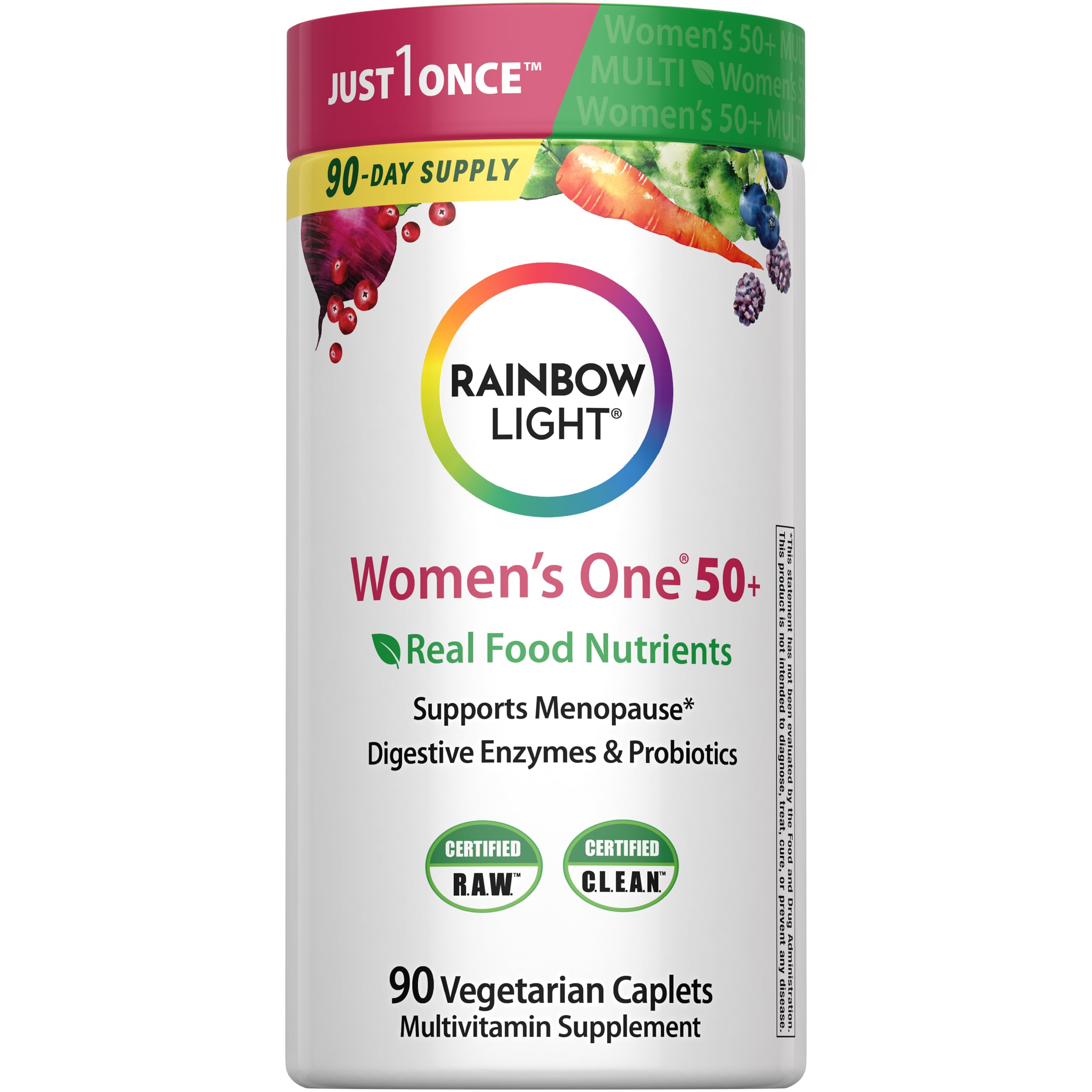 Rainbow Light Women’s One 50+ bottle on a kitchen counter for daily wellness.