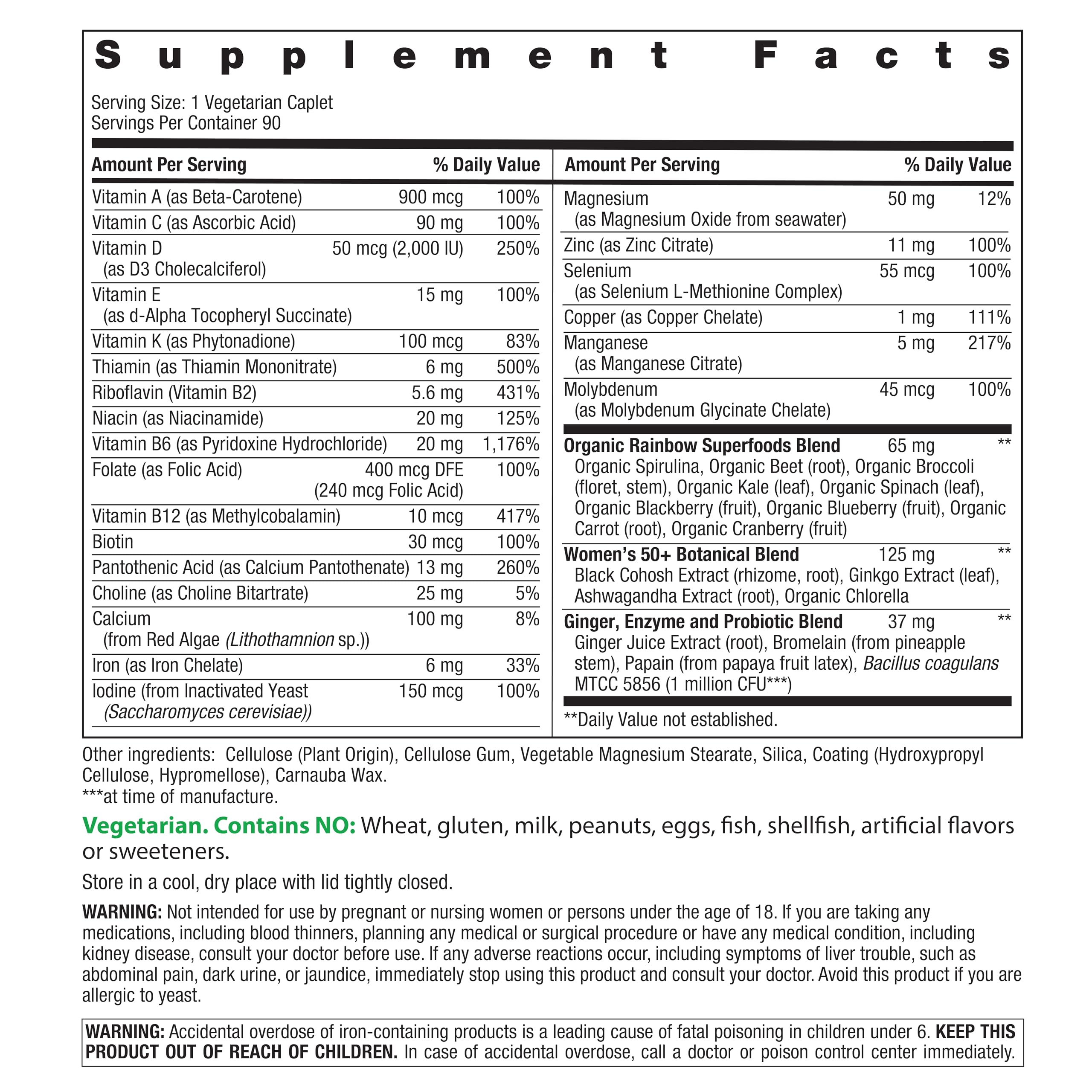 Close-up of Rainbow Light Women’s One 50+ label showing real food nutrients.