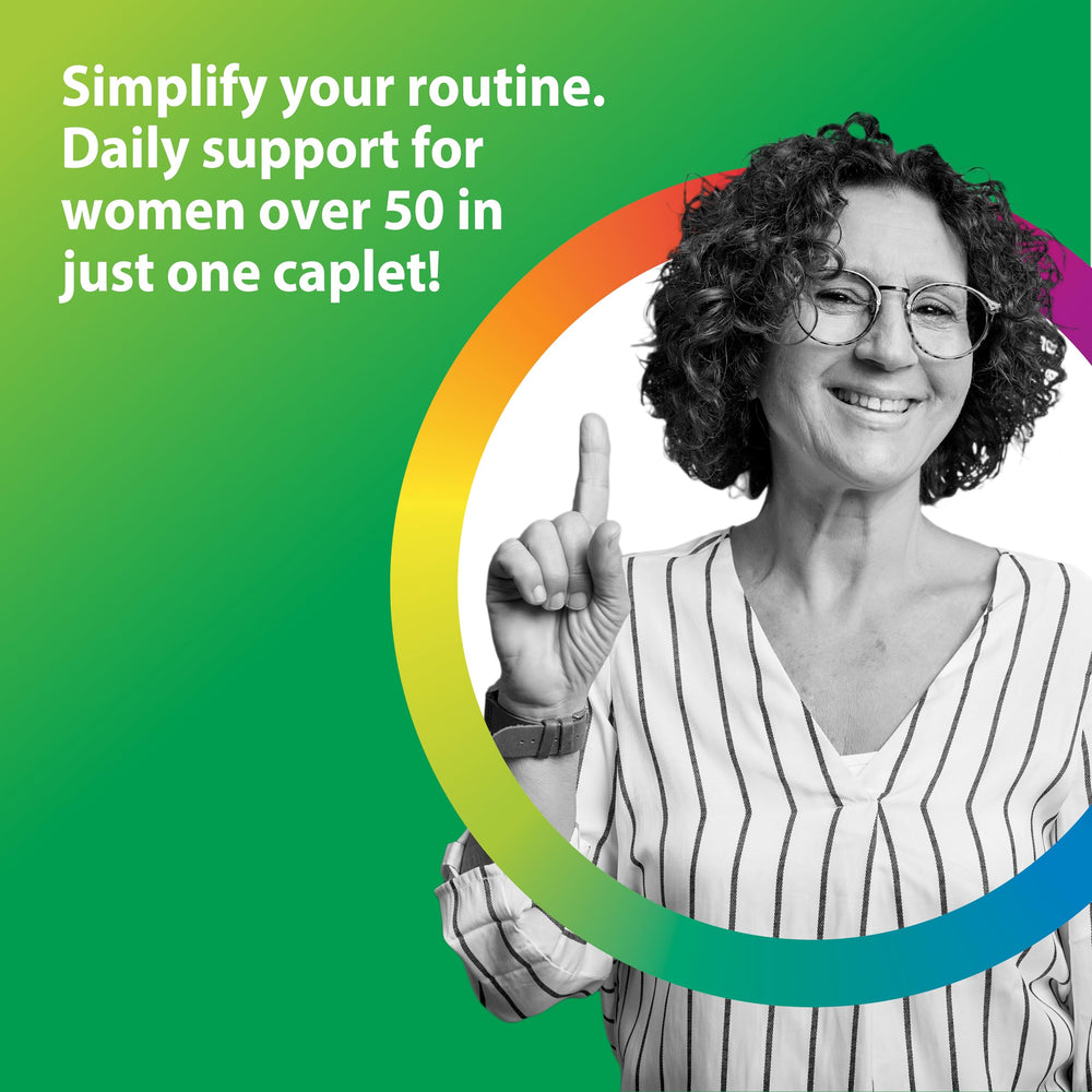 Rainbow Light Women's One 50+ tablets closeup highlighting methylated vitamins.