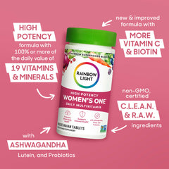 Rainbow Light Women's One powder scoop included for precise measurement.