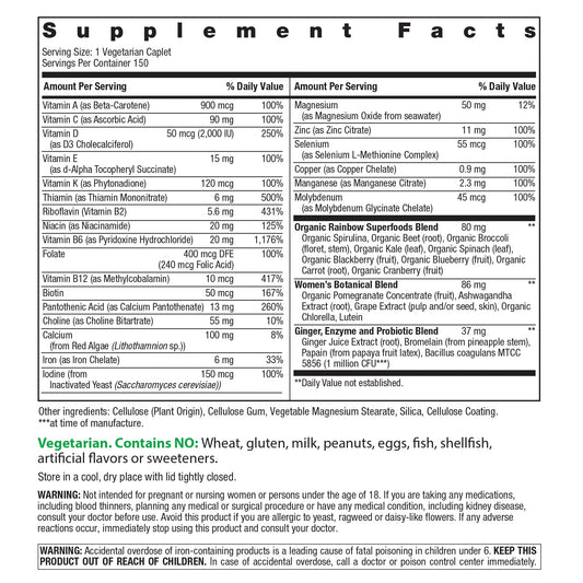 Rainbow Light Women's One tablet close-up highlighting natural ingredients and vitality
