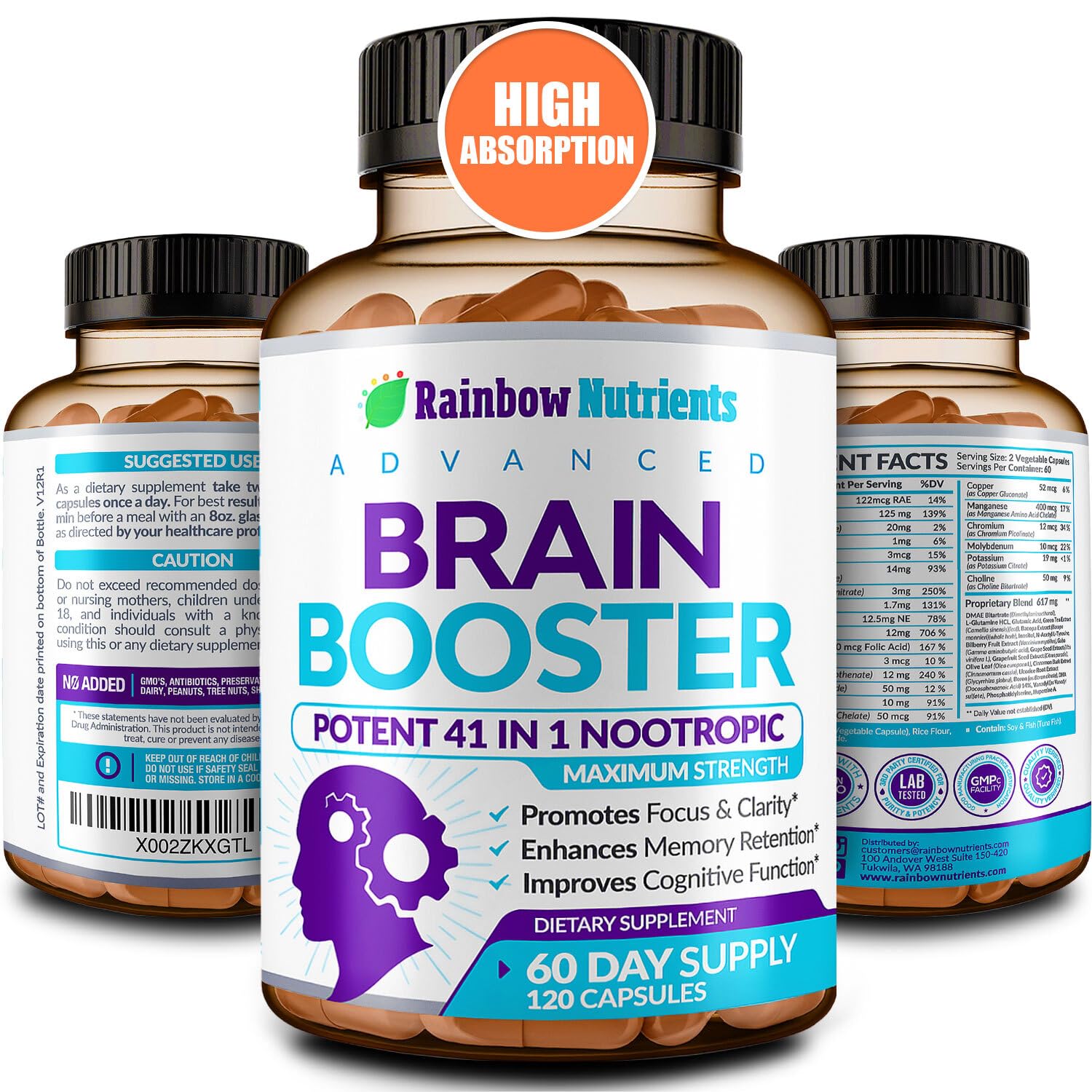 Rainbow Nutrients 40-in-1 Brain Booster bottle front improves focus and alertness.