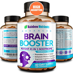 Rainbow Nutrients 40-in-1 Brain Booster bottle front improves focus and alertness.