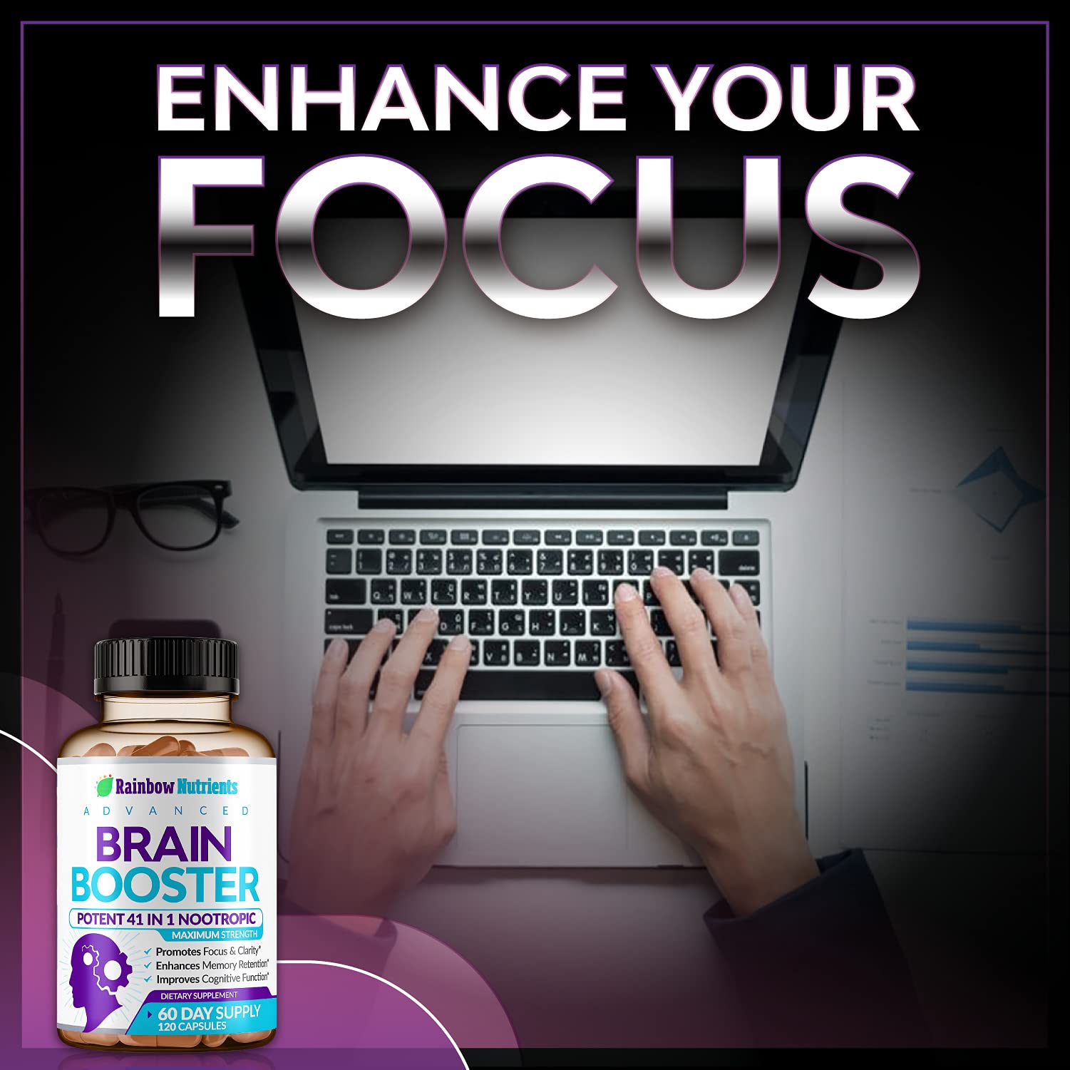 Rainbow Nutrients 40-in-1 Brain Booster bottle on desk ready-to-use study aid.