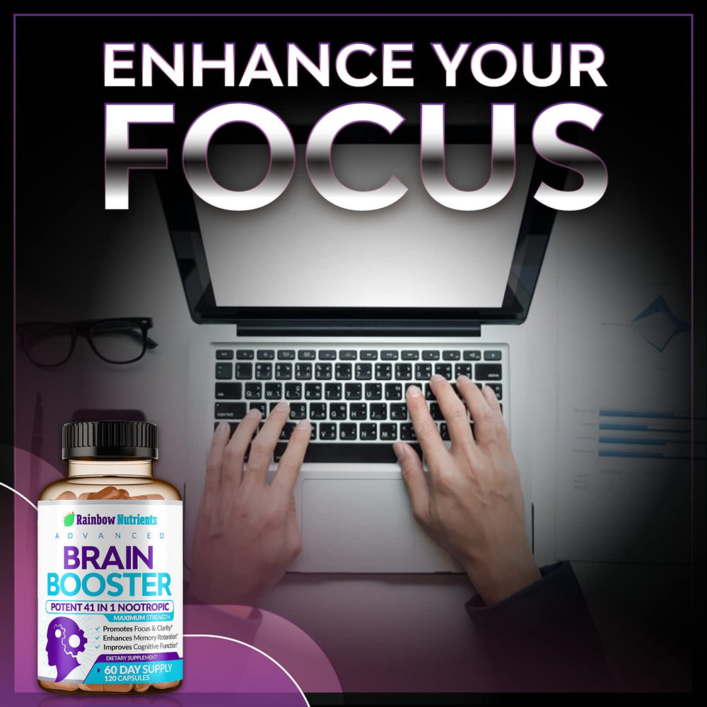 Rainbow Nutrients 40-in-1 Brain Booster bottle on desk ready-to-use study aid.