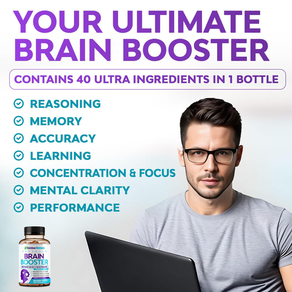 Rainbow Nutrients 40-in-1 Brain Booster label closeup highlights premium ingredients for cognitive support.