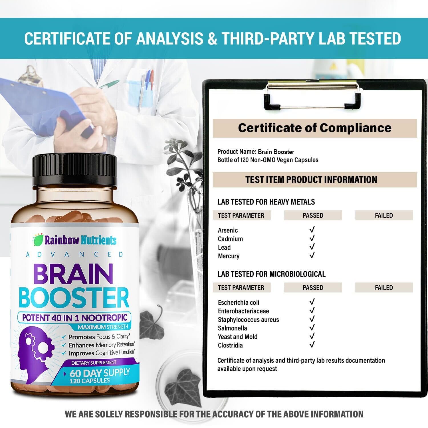 Rainbow Nutrients 40-in-1 Brain Booster packaging emphasizes doctor formulated brain support.