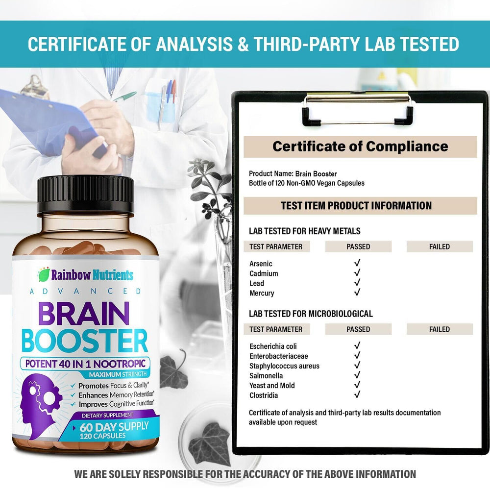 Rainbow Nutrients 40-in-1 Brain Booster packaging emphasizes doctor formulated brain support.