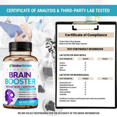 Rainbow Nutrients 40-in-1 Brain Booster packaging emphasizes doctor formulated brain support.