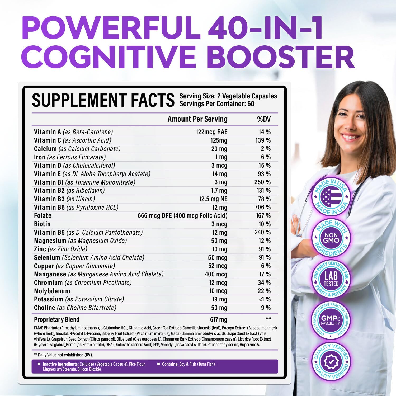 Rainbow Nutrients 40-in-1 Brain Booster tub in pantry signaling daily mental performance routine.