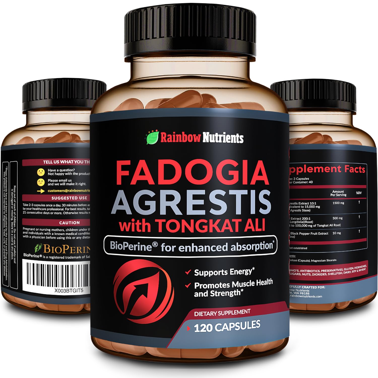 Rainbow Nutrients fadogia-tongkat blend bottle for stamina support during workouts.