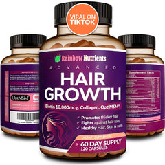 Rainbow Nutrients Hair Growth bottle pour showing the supplement bottle for healthy hair support.