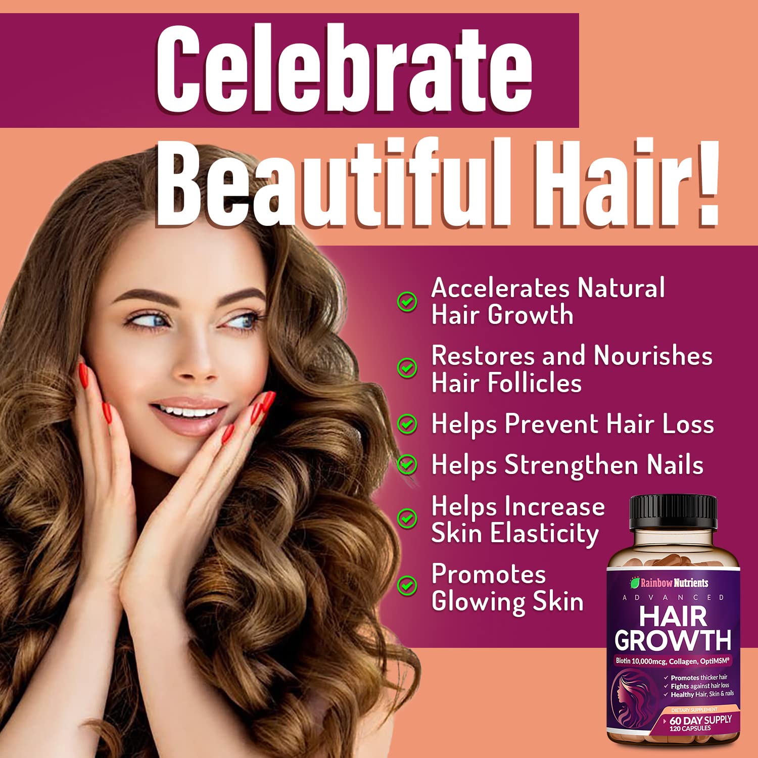 Rainbow Nutrients Hair Growth capsules close-up showing veggie capsules
