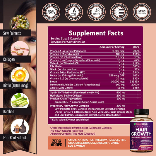 Rainbow Nutrients Hair Growth capsules close-up highlighting Biotin 10,000 mcg benefits.