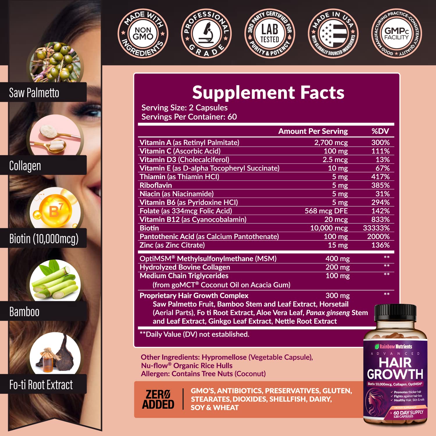 Rainbow Nutrients label detail highlighting key ingredients like biotin