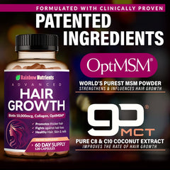 Rainbow Nutrients Hair Growth vitamins collection indicating comprehensive hair care support.
