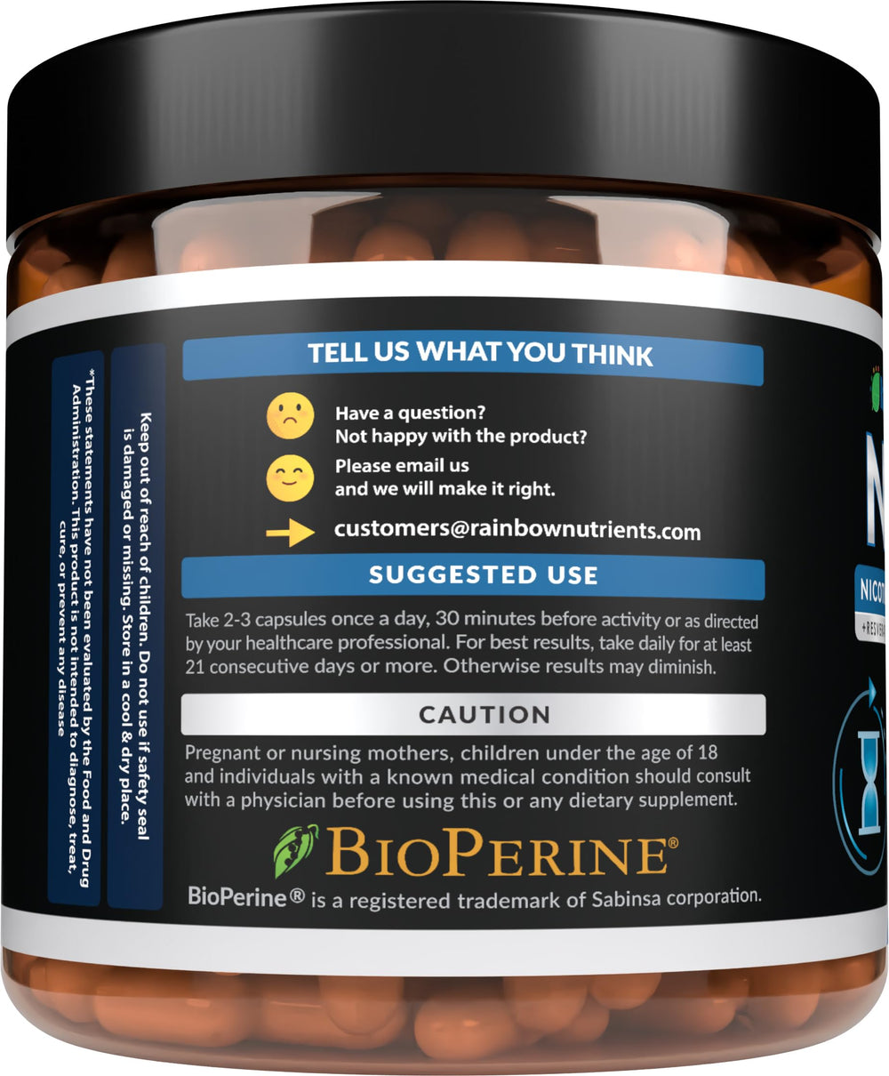 Rainbow Nutrients NAD+ Plus 90 capsules label emphasizes convenient monthly supply.