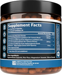 Rainbow Nutrients NAD+ Plus bottle side view highlights 90 capsules for daily wellness.