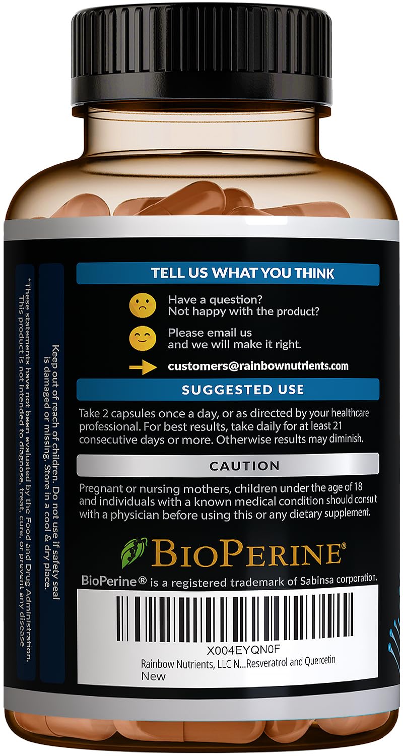 Product shot emphasizing label with BioPerine and Resveratrol wording.