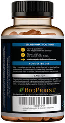 Product shot emphasizing label with BioPerine and Resveratrol wording.