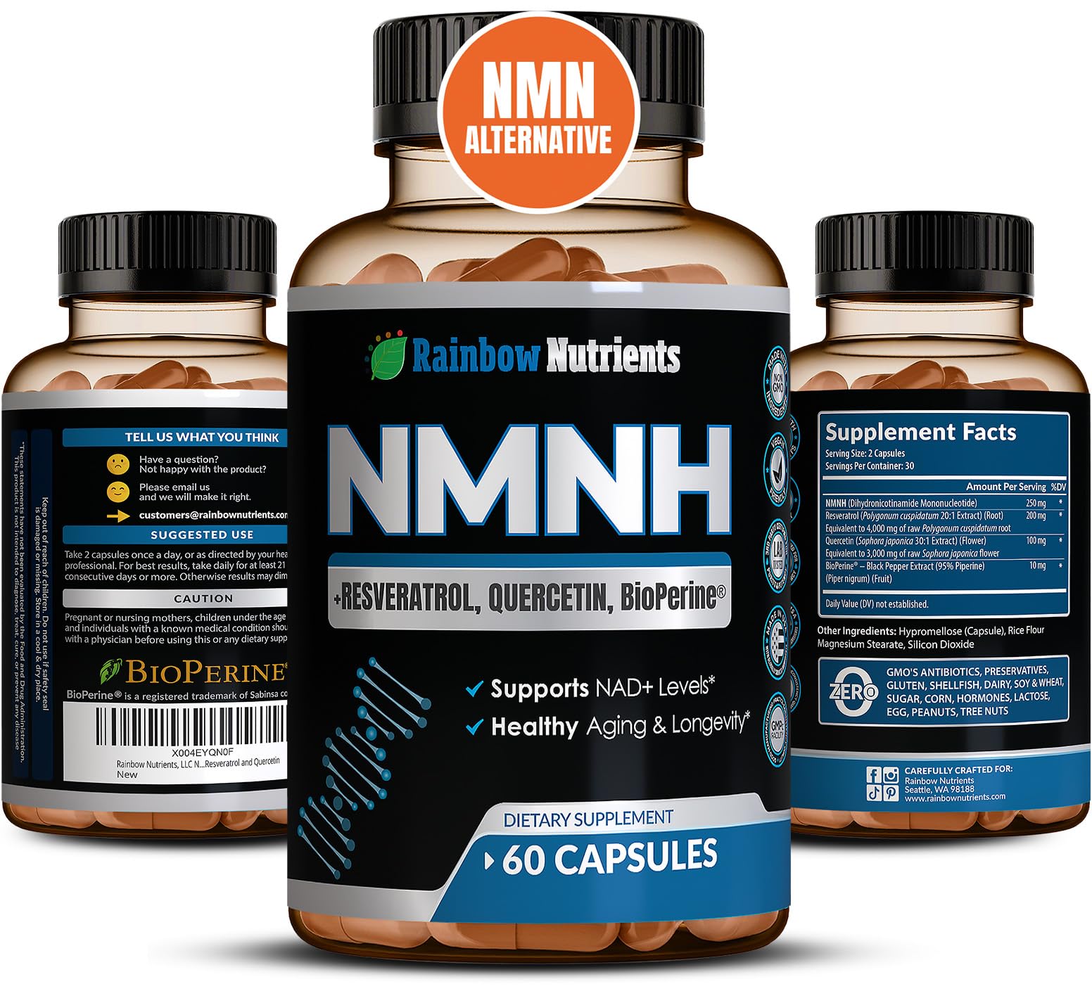 Rainbow Nutrients NMNH bottle front view highlighting NAD support and antioxidant blend.