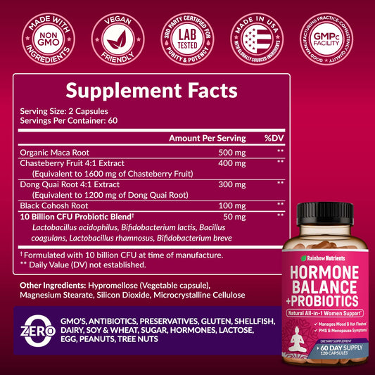 Rainbow Nutrients probiotic capsules label showing multi-strain blend for gut health