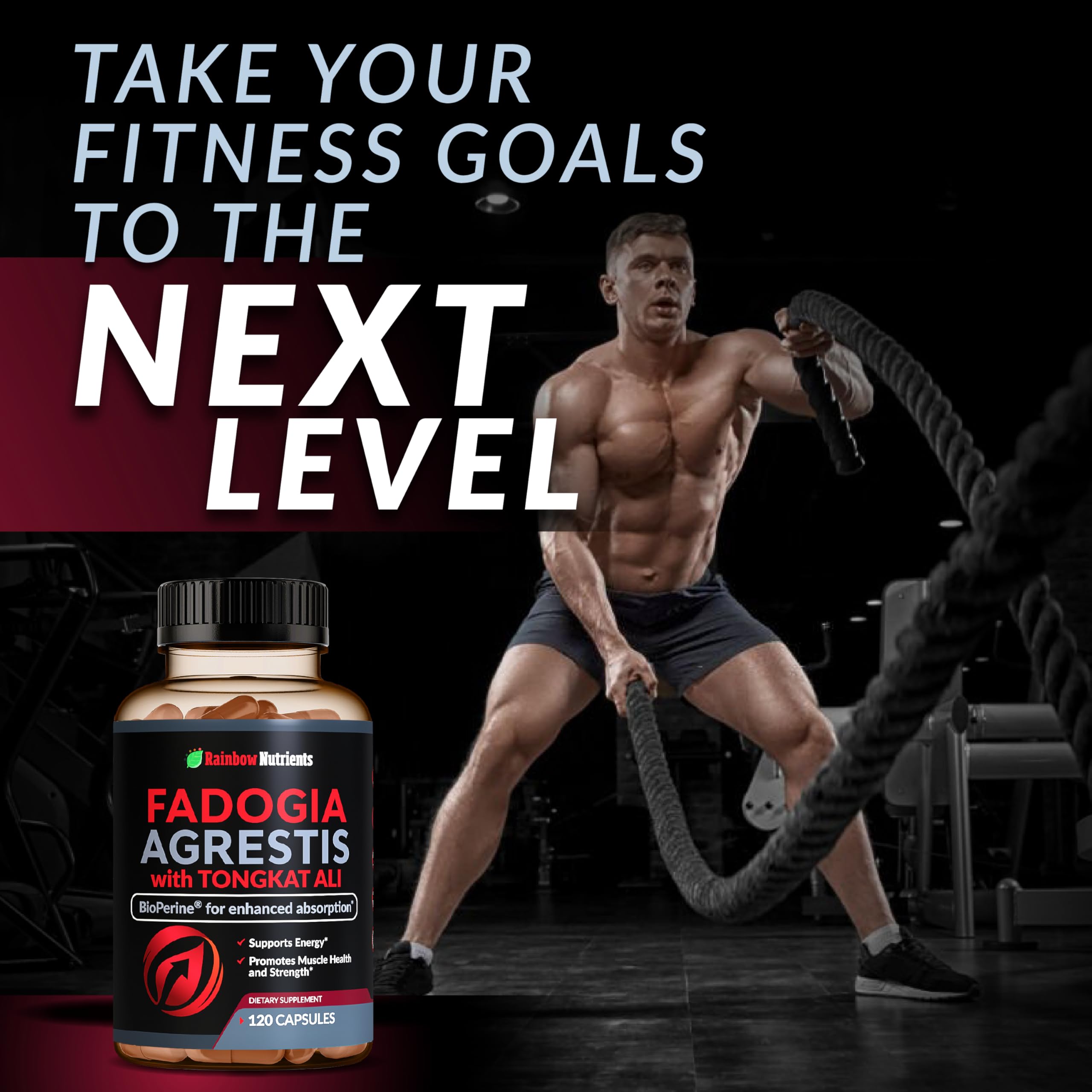 Rainbow Nutrients workout setup scene implies performance-focused use.