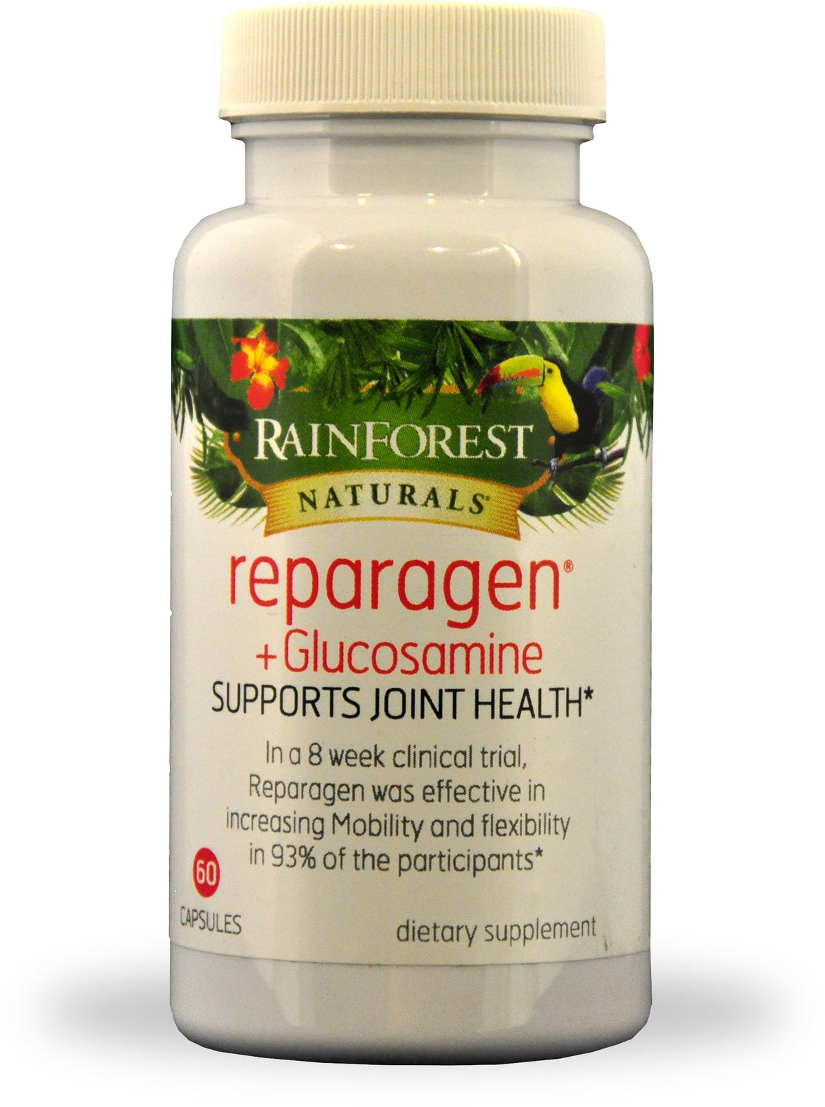 Rainforest Nutritionals Reparagen Plus bottle pour showing daily dosing for joint support.