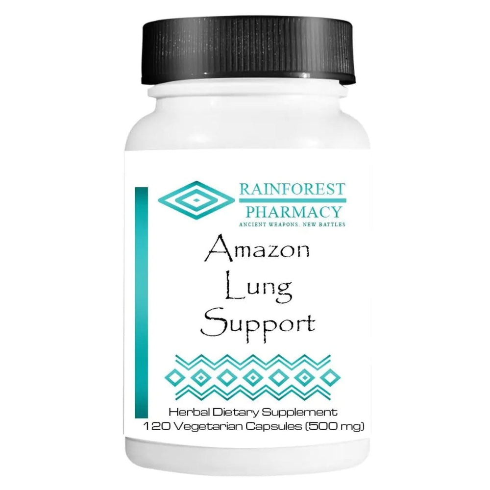 Rainforest Pharmacy Amazon Lung Support bottle front shows a balanced herbal blend for respiratory balance.