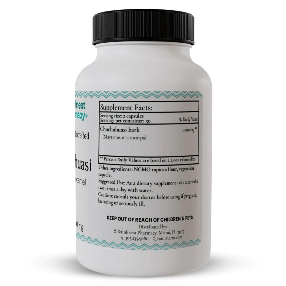 Rainforest Pharmacy Chuchuhuasi bark packaging emphasizes sustainable sourcing and vitality