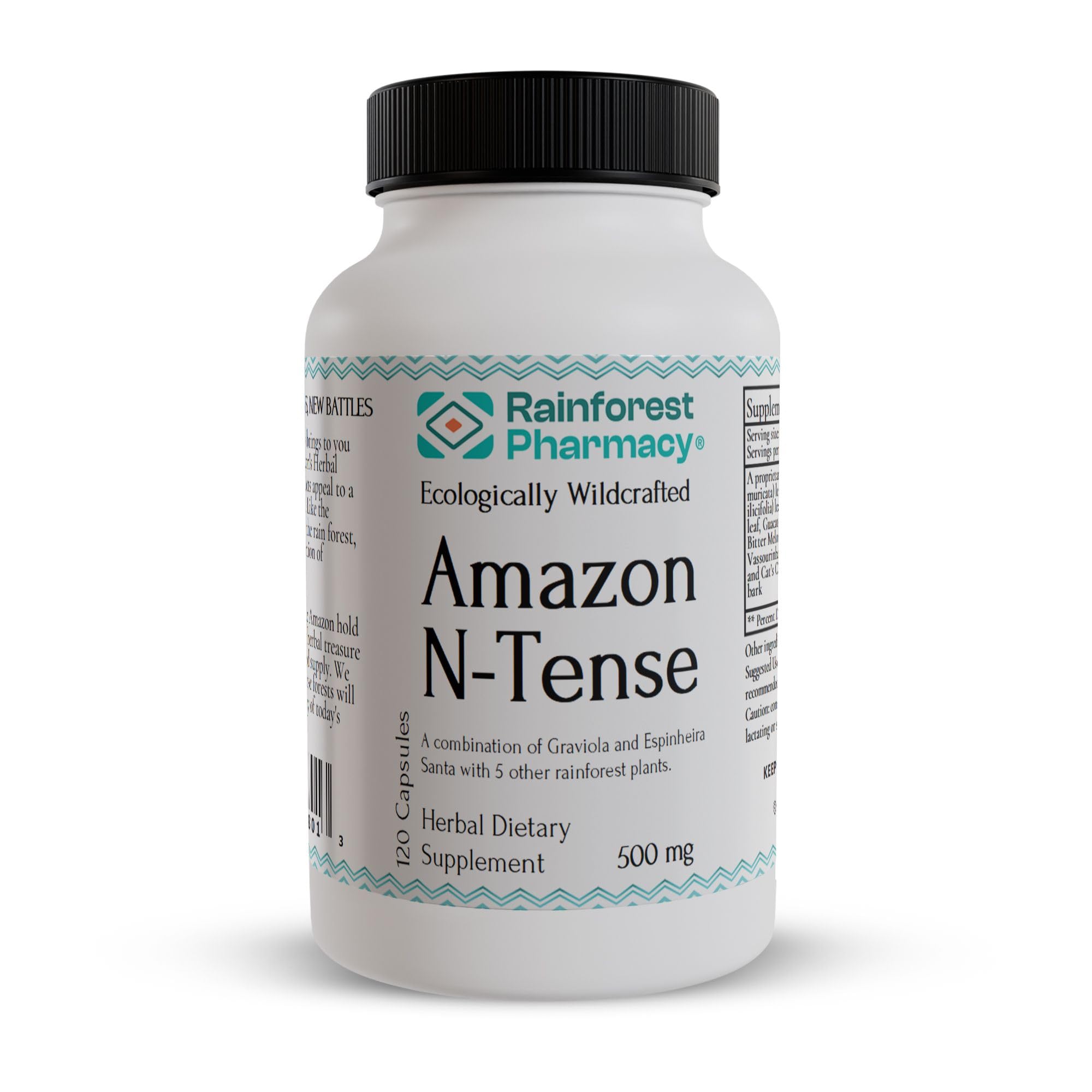 Rainforest Pharmacy N-Tense Soursop Capsules bottle highlights 500 mg per capsule for daily wellness.