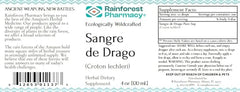 Rainforest Pharmacy Sangre de Drago label detail showing 4oz size and natural sourcing