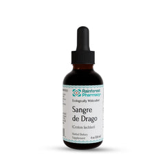 Rainforest Pharmacy Sangre de Drago liquid bottle close-up with vivid red sap for potential skin care use
