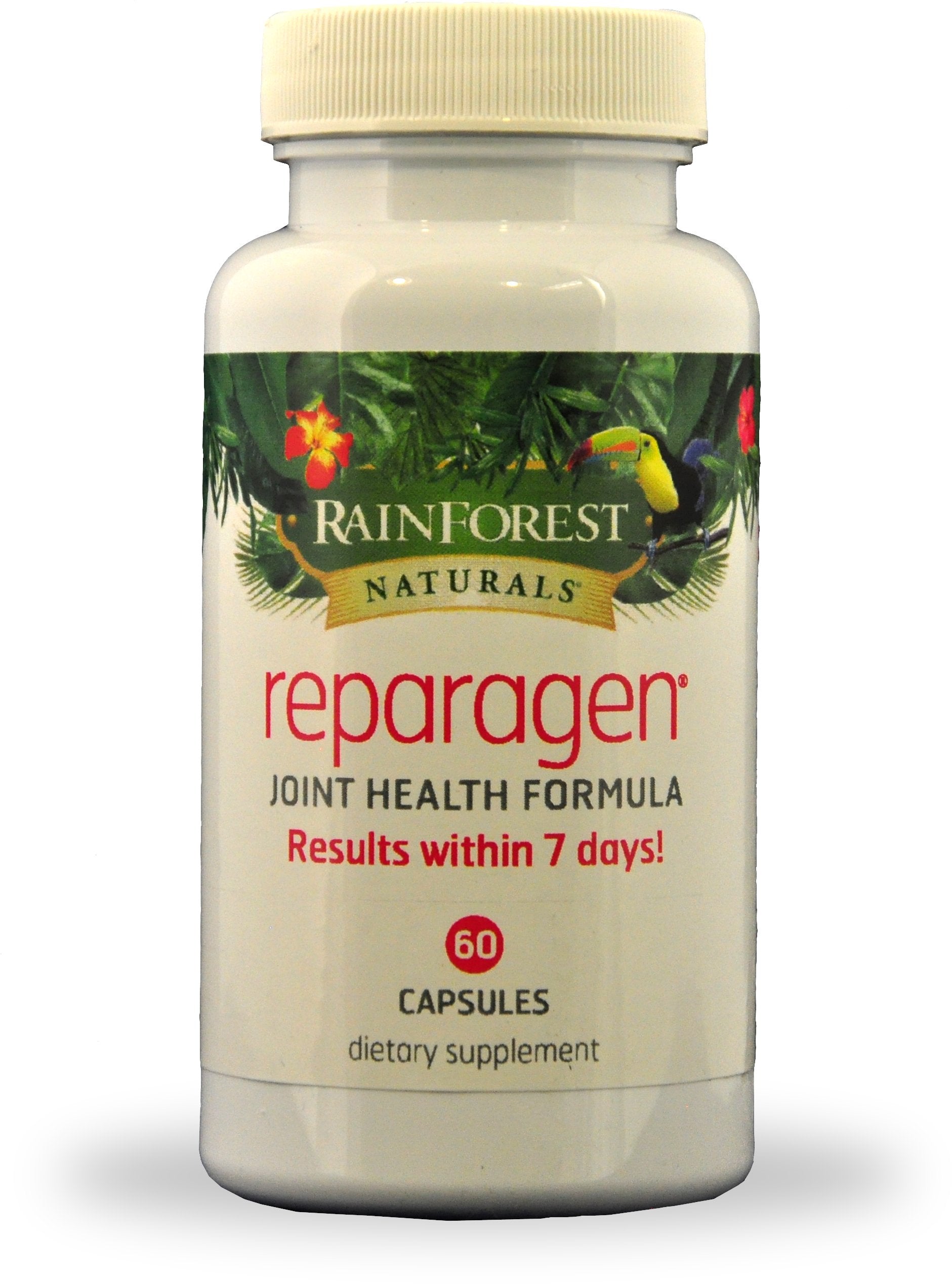 Rainforest Reparagen bottle label highlights Vincaria and RNI-249 for joint health.