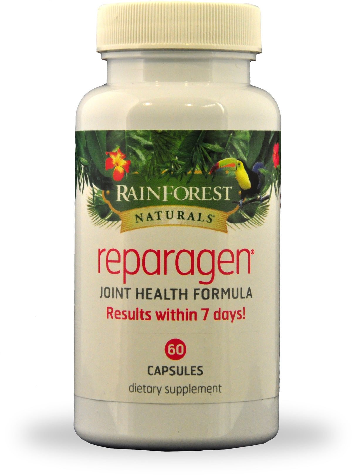 Rainforest Reparagen bottle label highlights Vincaria and RNI-249 for joint health.