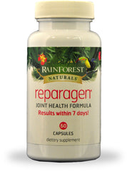 Rainforest Reparagen bottle label highlights Vincaria and RNI-249 for joint health.