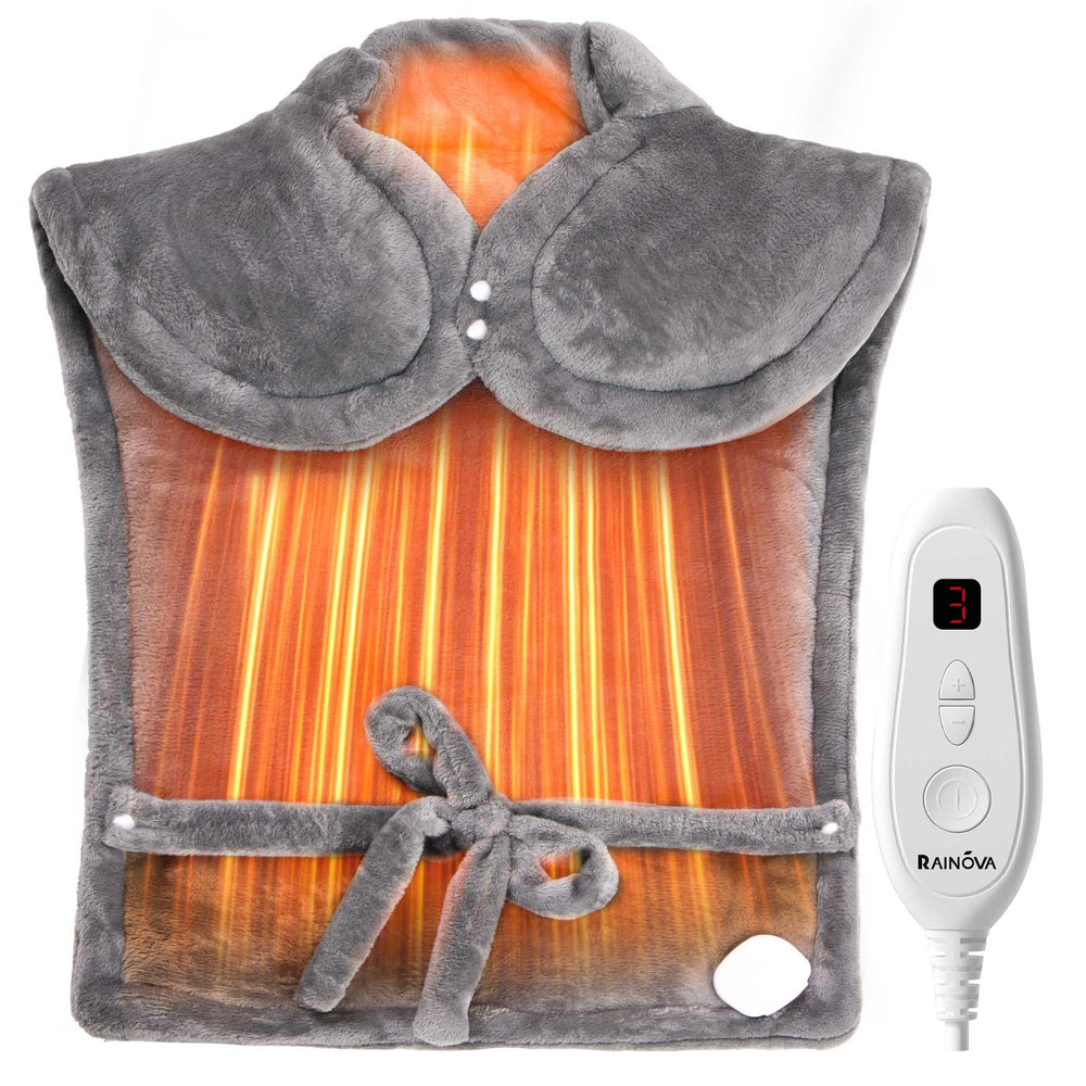RAINOVA heating pad on neck and shoulders for targeted warmth.