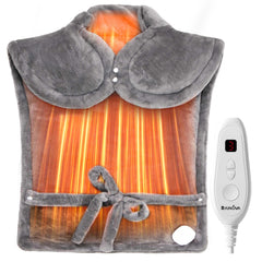 RAINOVA heating pad on neck and shoulders for targeted warmth.