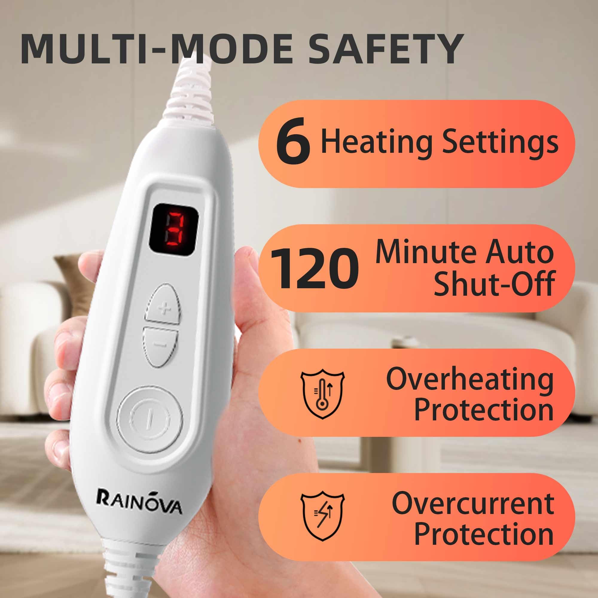 RAINOVA heating pad showing ETL and UL safety certifications