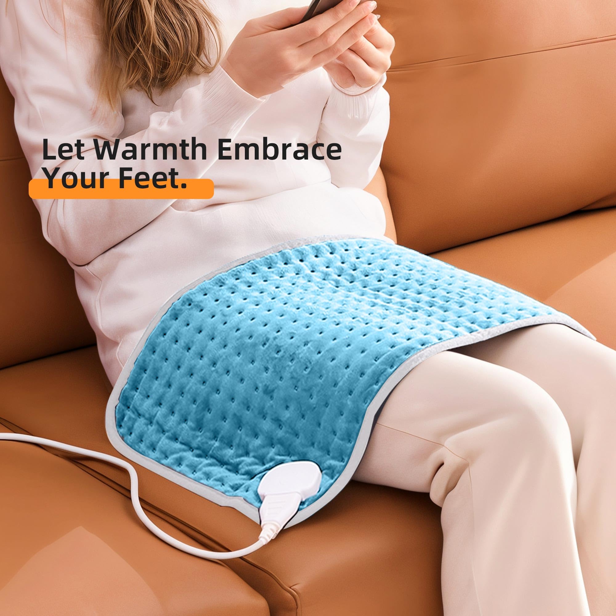 RAINOVA heating pad throw demonstrating use on couch for back relief