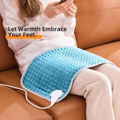 RAINOVA heating pad throw demonstrating use on couch for back relief