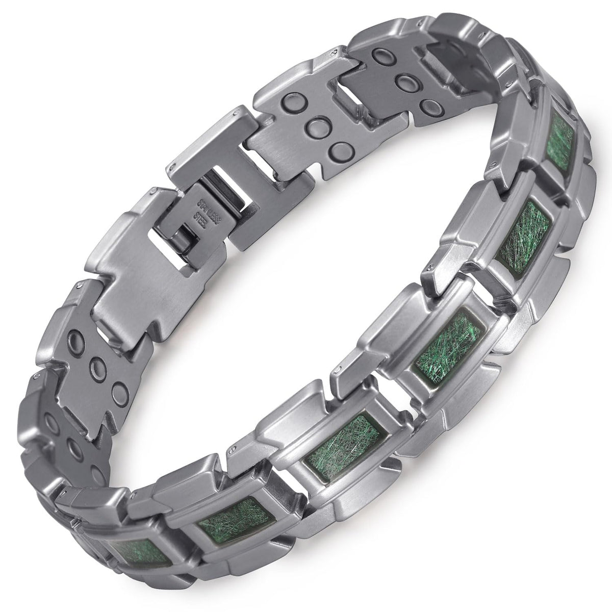 RainSo men's magnetic bracelet close-up of polished stainless steel surface