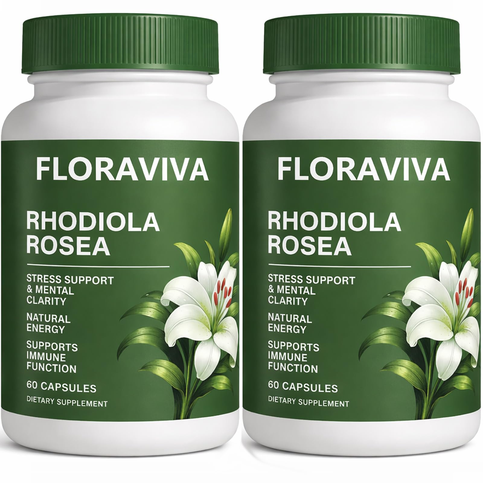 Raipult Floraviva Rhodiola capsules bottle front promotes steady energy for busy days.