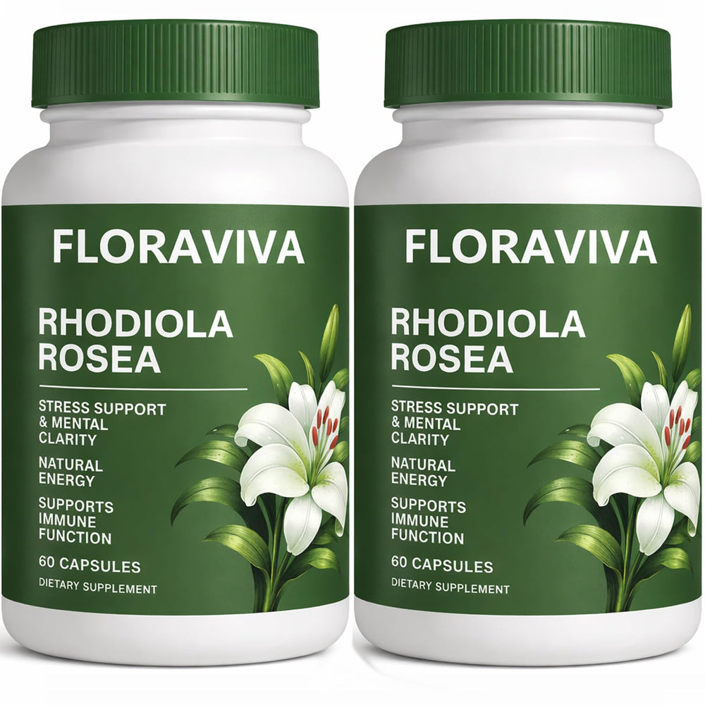 Raipult Floraviva Rhodiola capsules bottle front promotes steady energy for busy days.