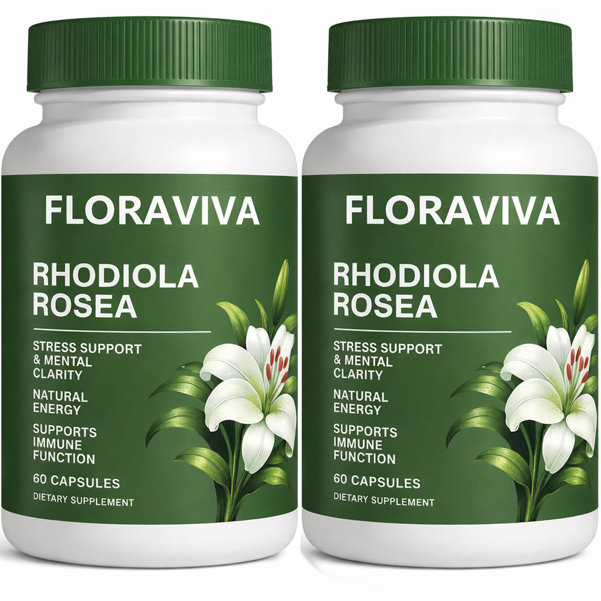 Raipult Floraviva Rhodiola capsules bottle front promotes steady energy for busy days.
