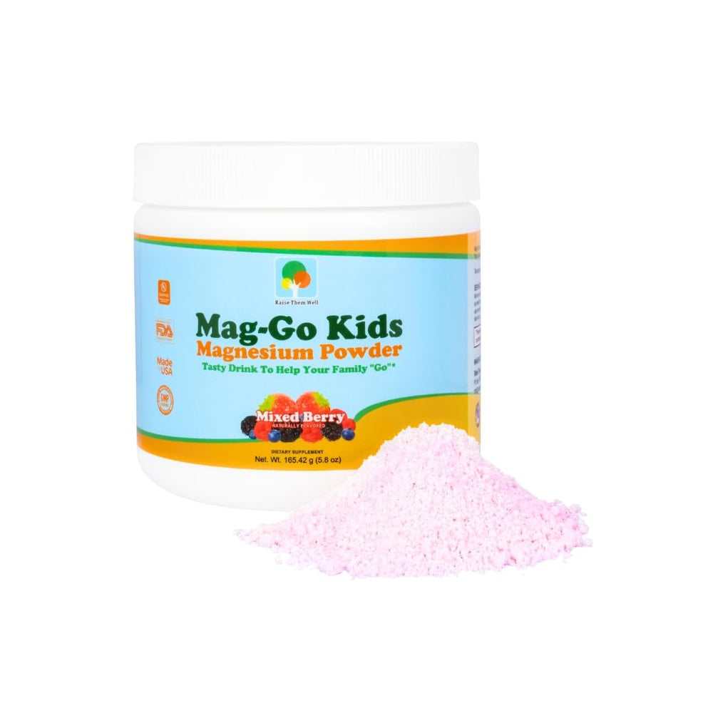 Raise Them Well Mag-Go Kids Magnesium Powder mixed berry bottle for kid-friendly daily use