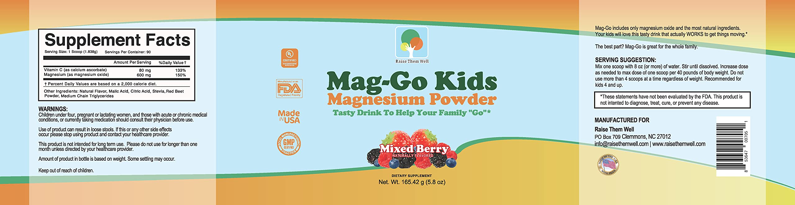 Raise Them Well Mag-Go Kids Magnesium Powder serving scoop showing 90 servings per tub