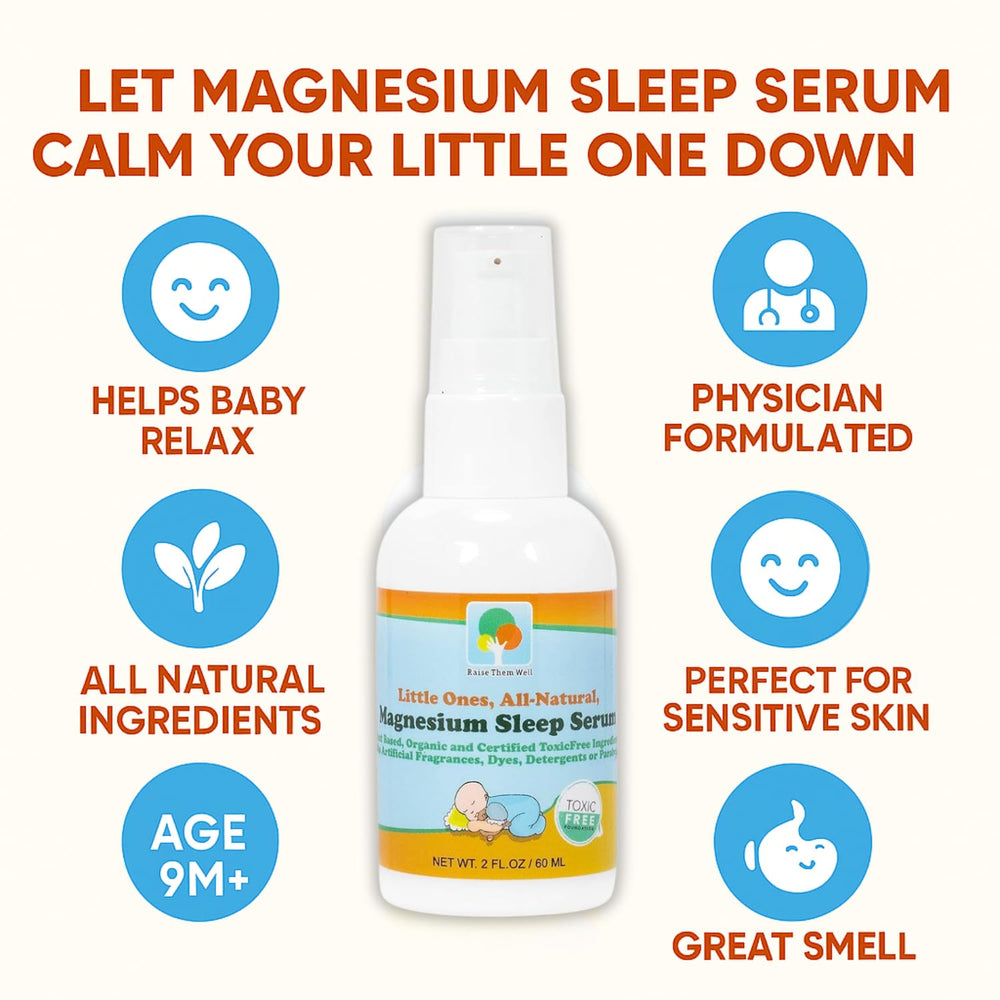 Raise Them Well magnesium sleep serum shown being rubbed between the shoulders.