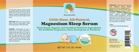 Raise Them Well sleep serum bottle close-up highlighting natural ingredients.